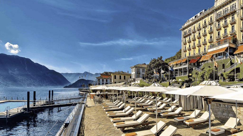 boutique-luxury-hotels-in-italy-Borgo-image-of-lake-view-beach-Grand Hotel-Tremezzo-LAKE-COMO-ITALY
